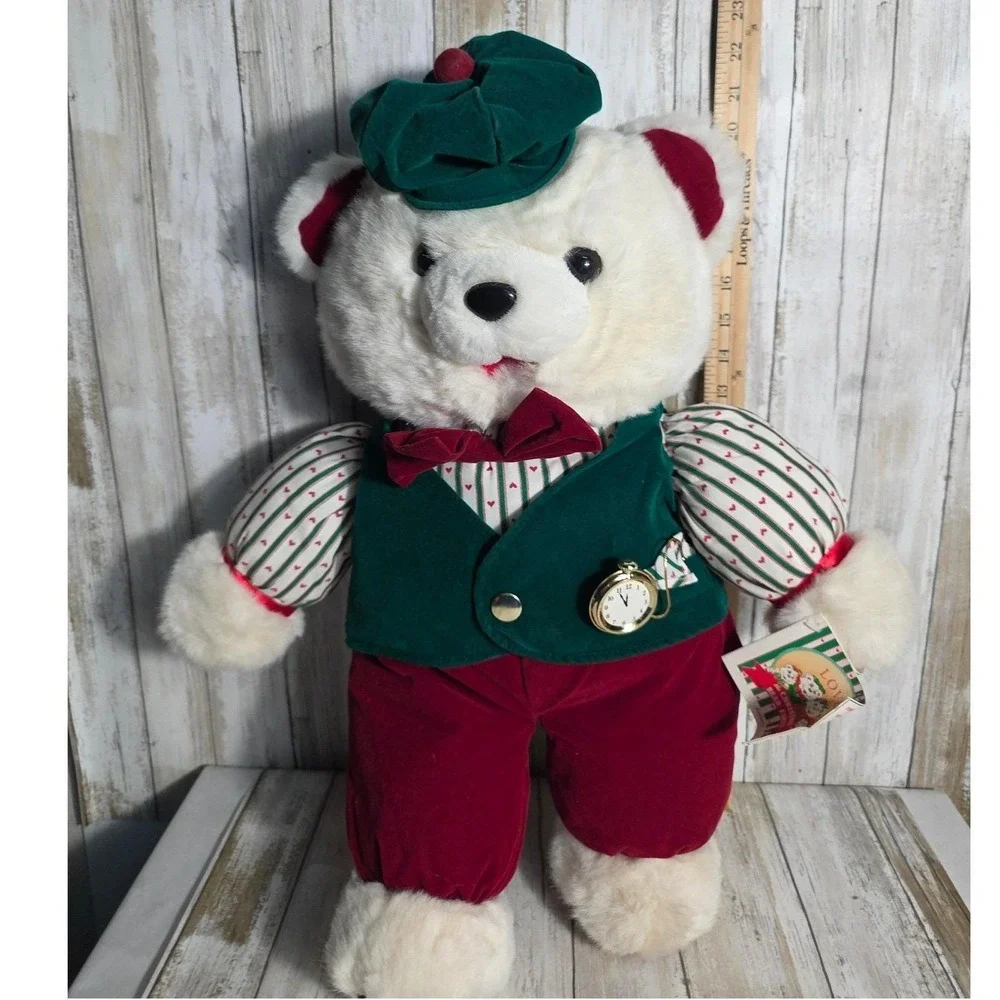 Vintage 1992 Fairview Christmas Bear Family Plush White Teddy Green Vest 1992